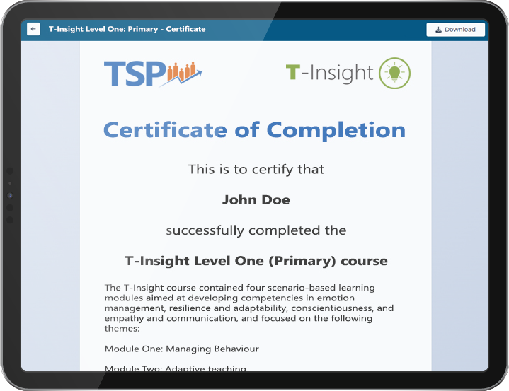 T-Insight: learn to teach, primary course. Course certificate example.